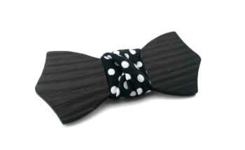 Papillon in legno nero, nodo in stoffa nera a pois bianchi