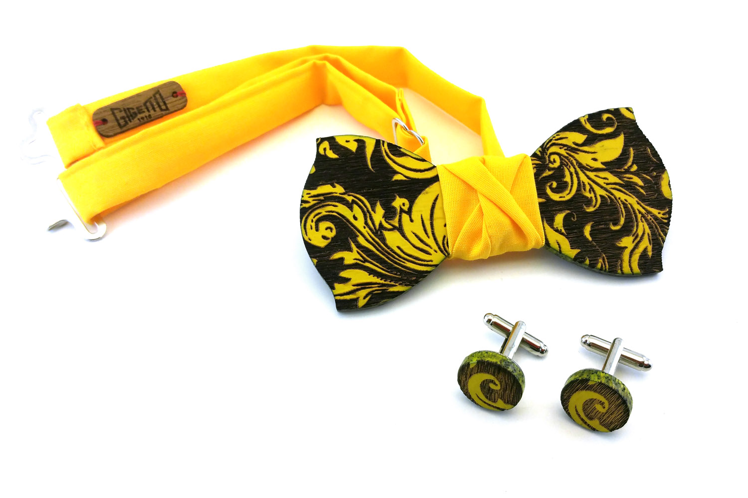 papillon legno gemelli foglia barocco giallo