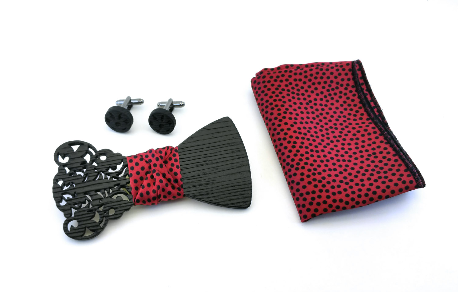 papillon legno gemelli fazzoletto taschino rosso pois nero gigetto