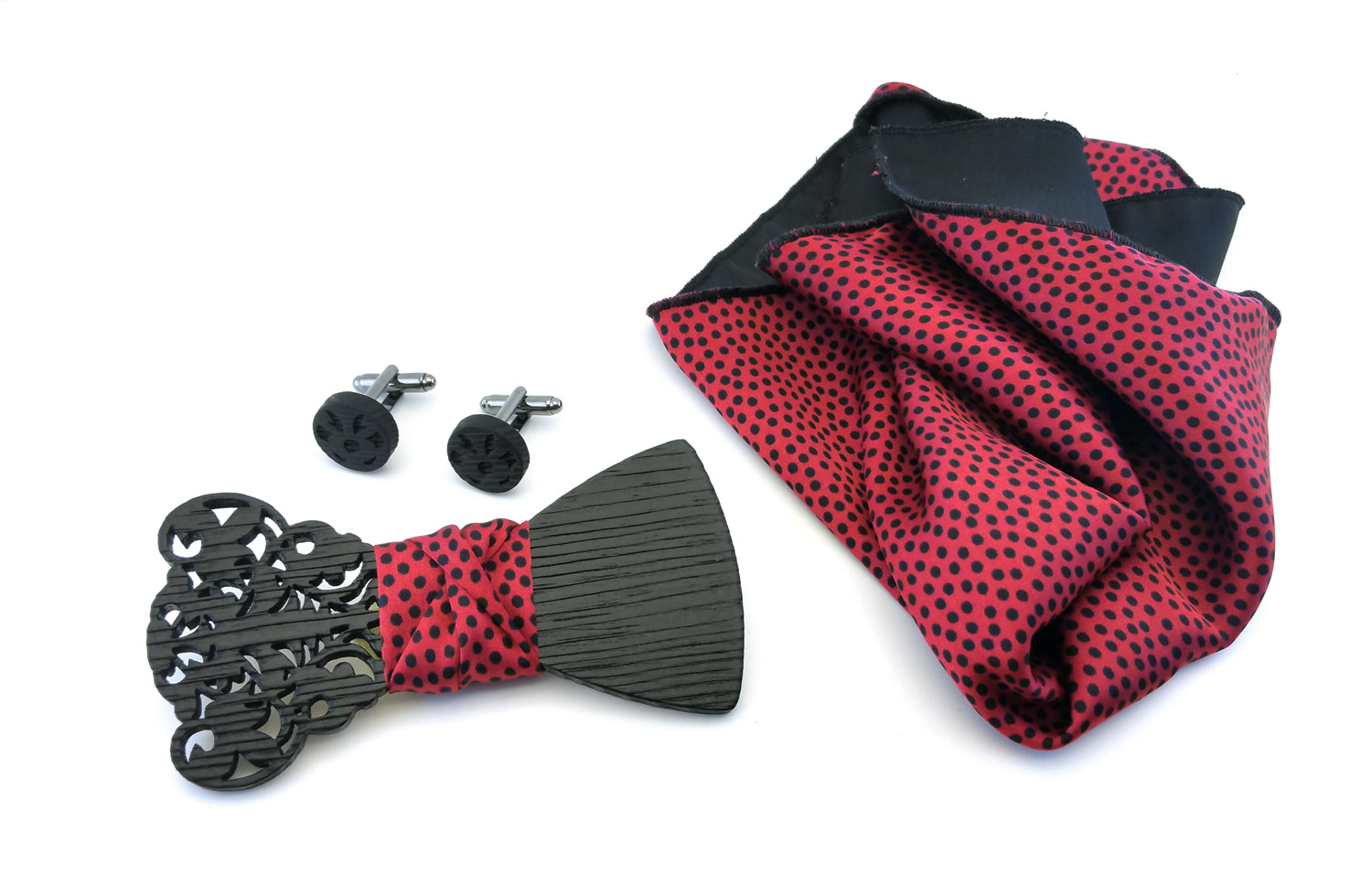 papillon legno gemelli fazzoletto taschino rosso pois nero gigetto