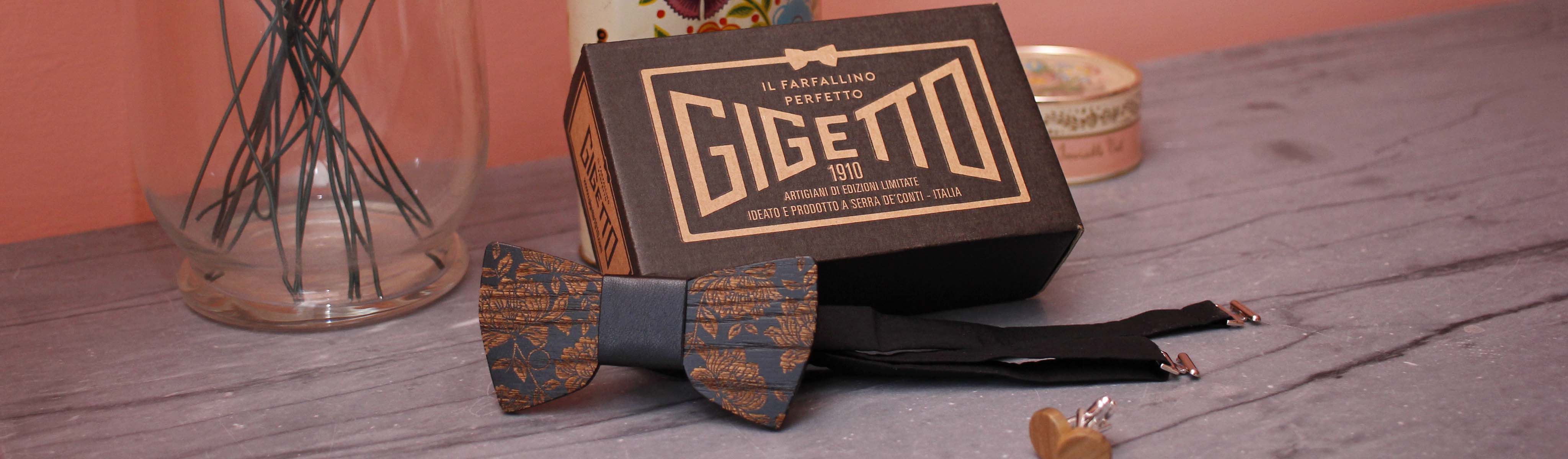 Papillon In Legno GIGETTO Fatto A Mano In Italia - Edizione Limitata, Regolabile, Con Nodo In Ecopelle Nera