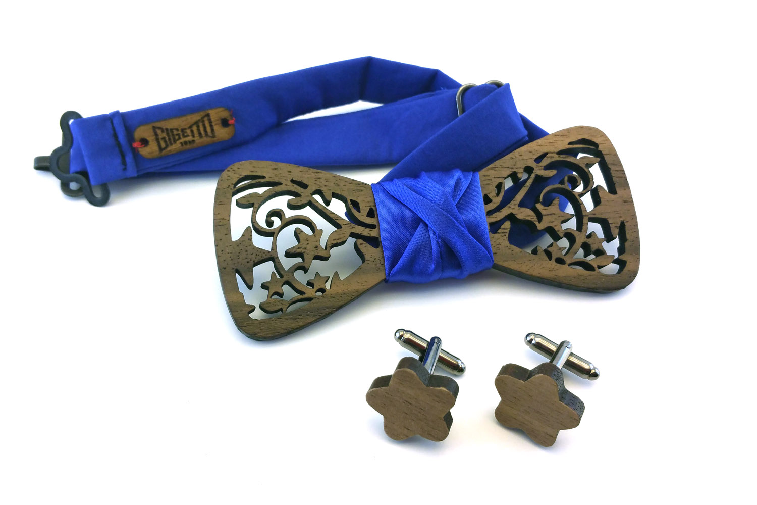 papillon gemelli legno traforato stelle blu Gigetto