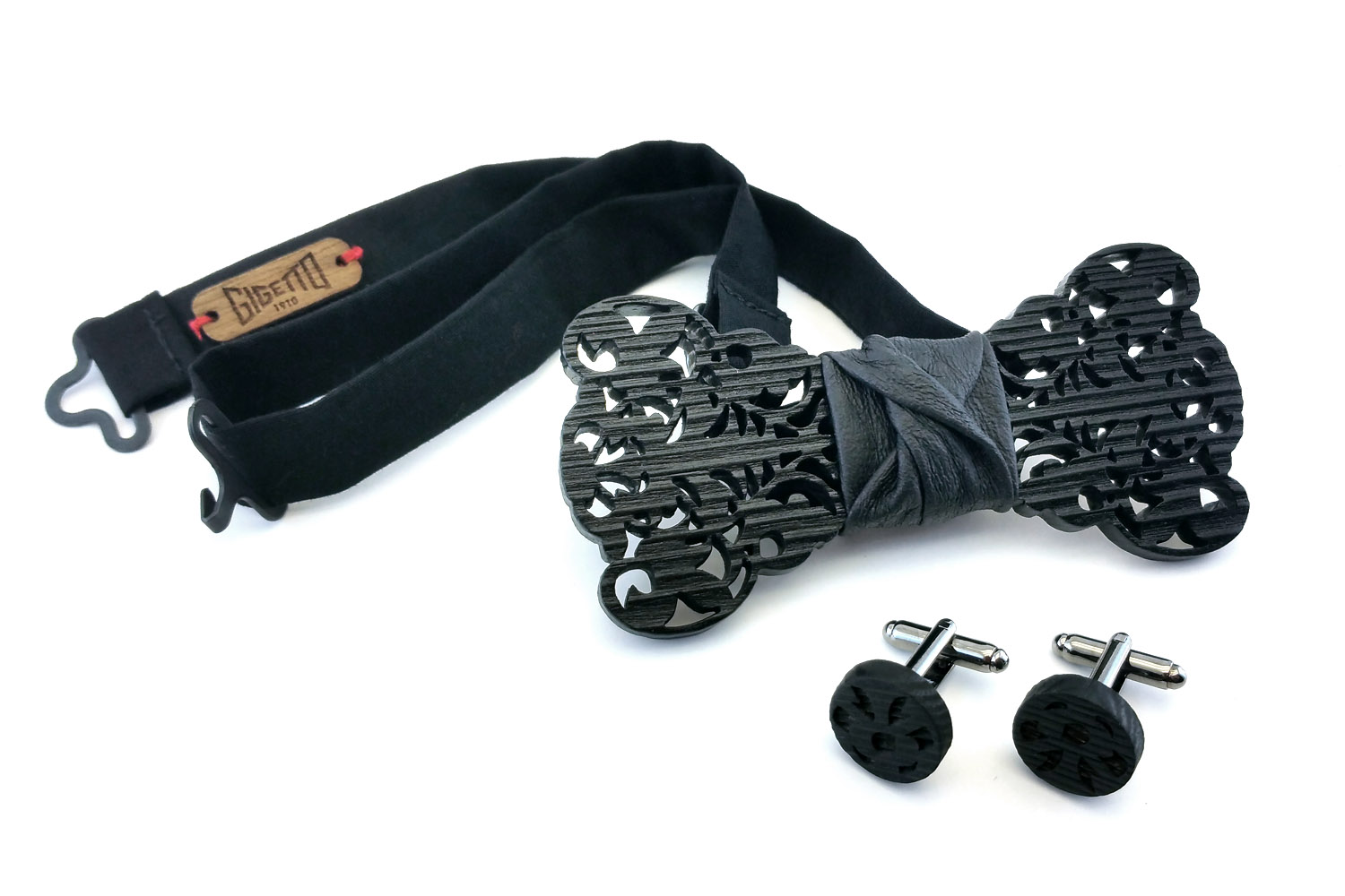 papillon in legno gemelli nero uomo barocco traforato elegante matrimonio gigetto