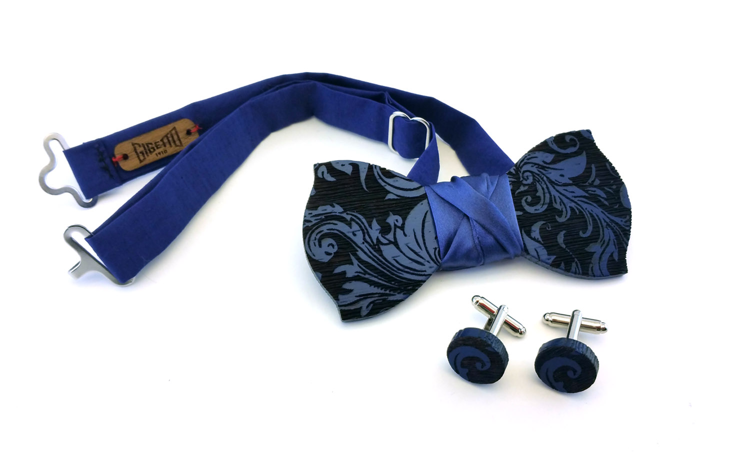 papillon legno gemelli foglia barocco blu matrimonio cerimonia