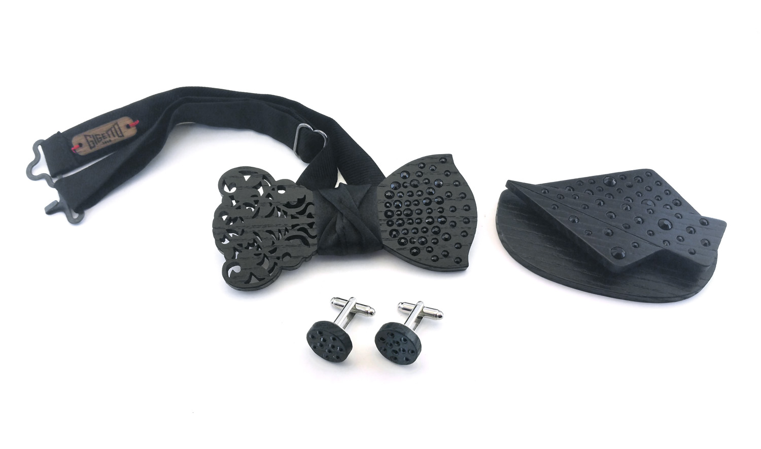 papillon legno strass barocco nero gemelli fazzoletto da taschino Gigetto