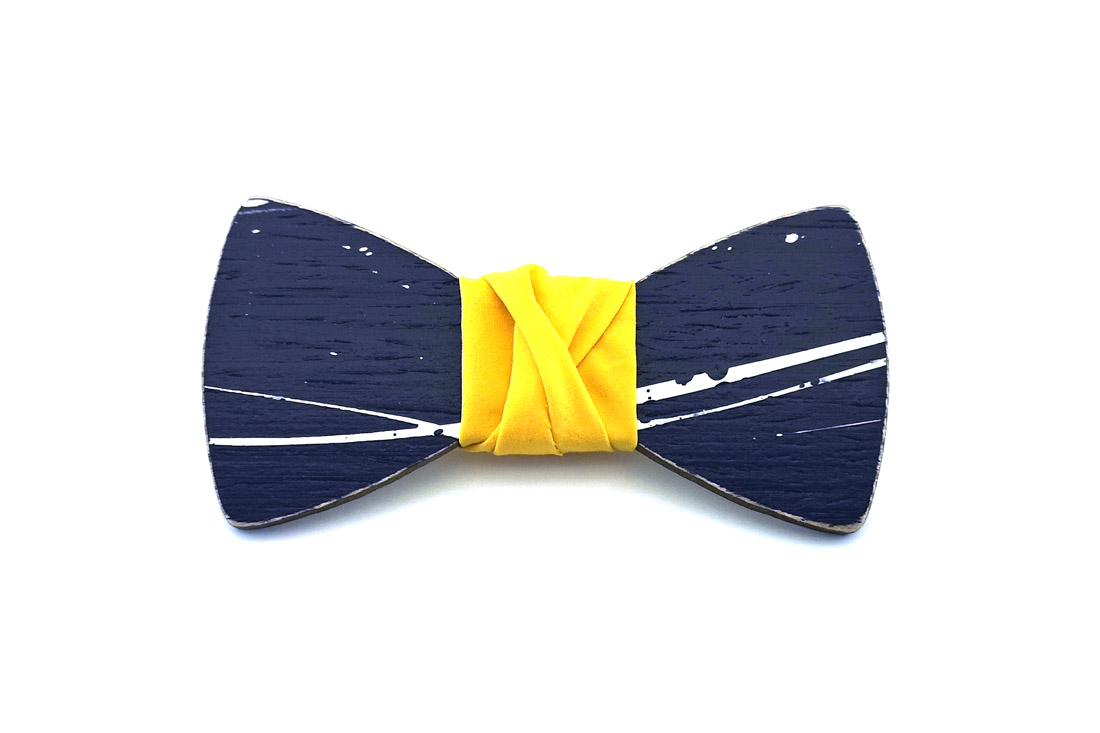 papillon legno Gigetto farfallino action painting blu bianco giallo