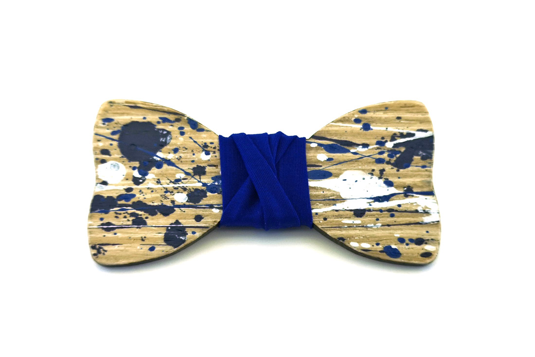papillon legno Gigetto farfallino action painting blu bianco