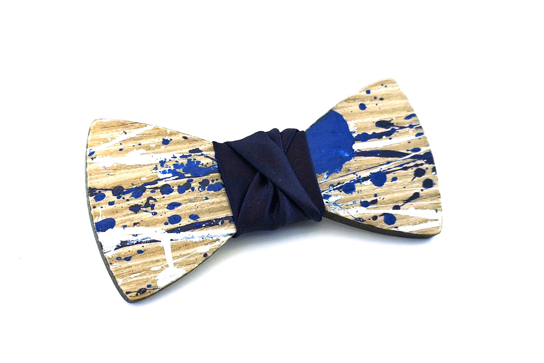 papillon legno Gigetto farfallino action painting blu notte bianco