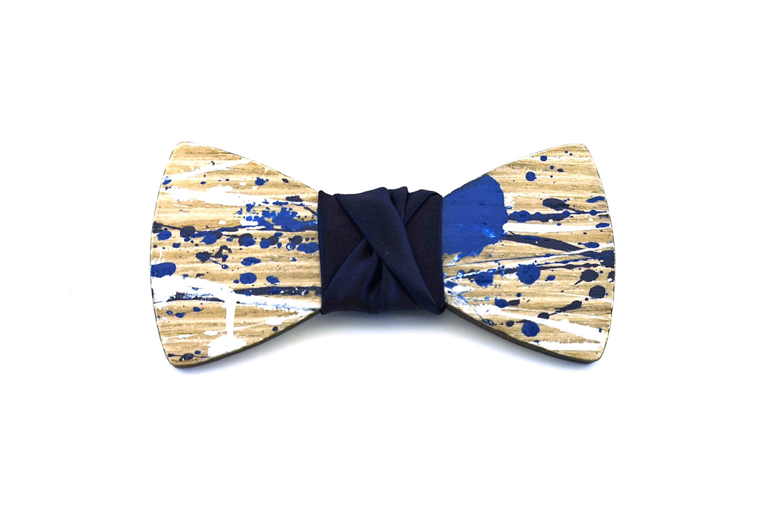 papillon legno Gigetto farfallino action painting blu notte bianco