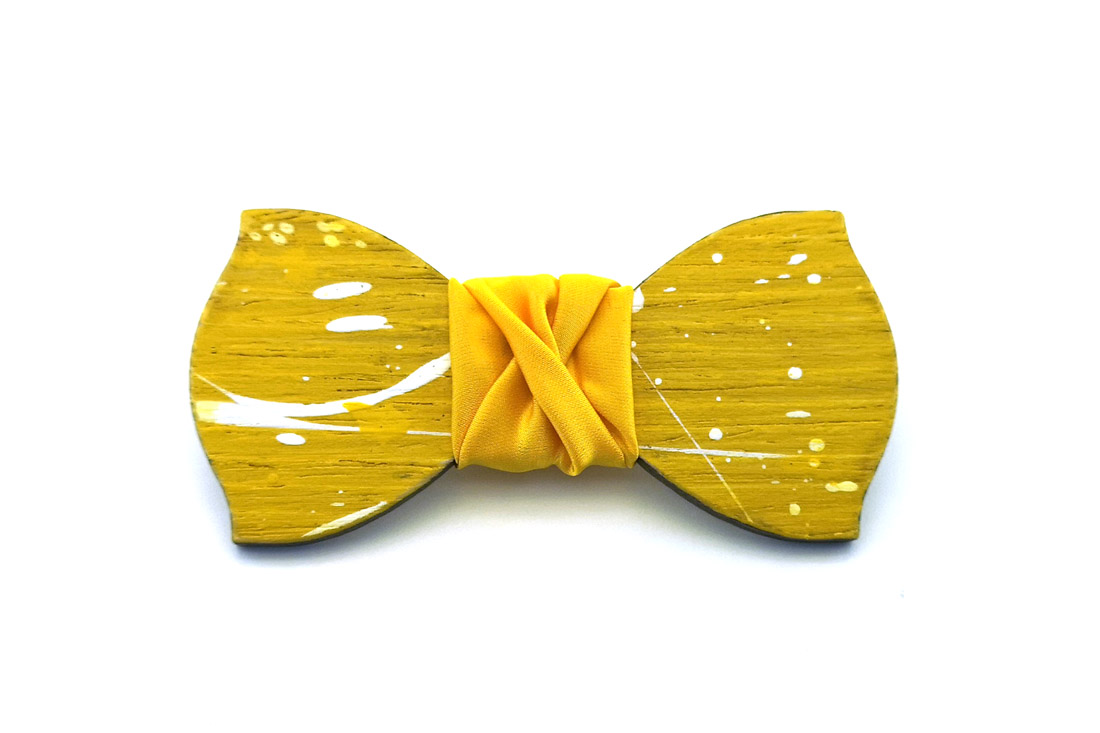 papillon legno Gigetto farfallino schizzi vernice giallo bianco