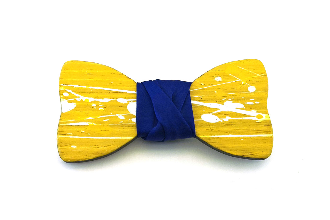 papillon legno Gigetto farfallino schizzi vernice giallo bianco
