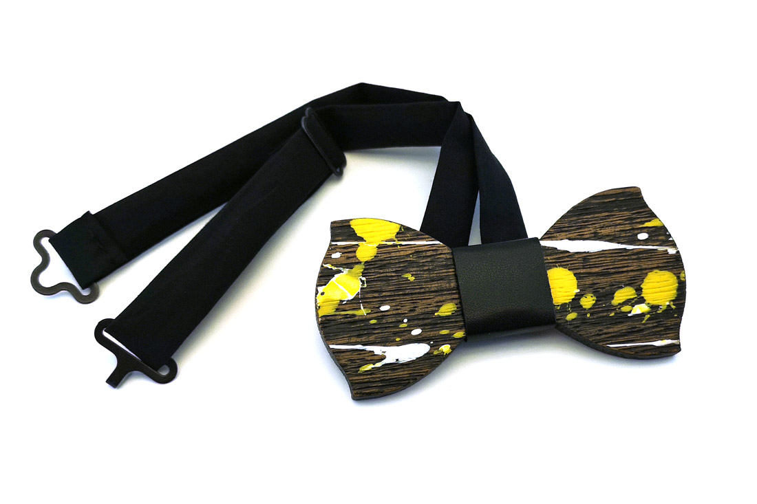 papillon legno Gigetto farfallino action painting giallo nero bianco