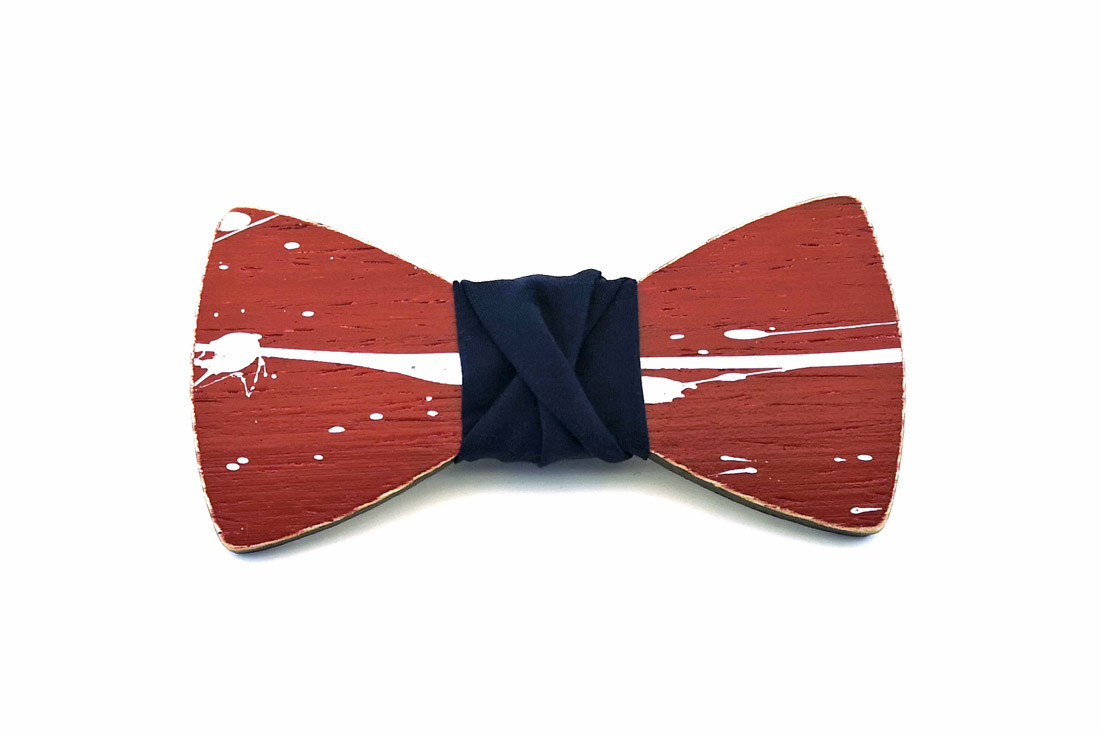 papillon legno Gigetto farfallino schizzi vernice rosso bianco