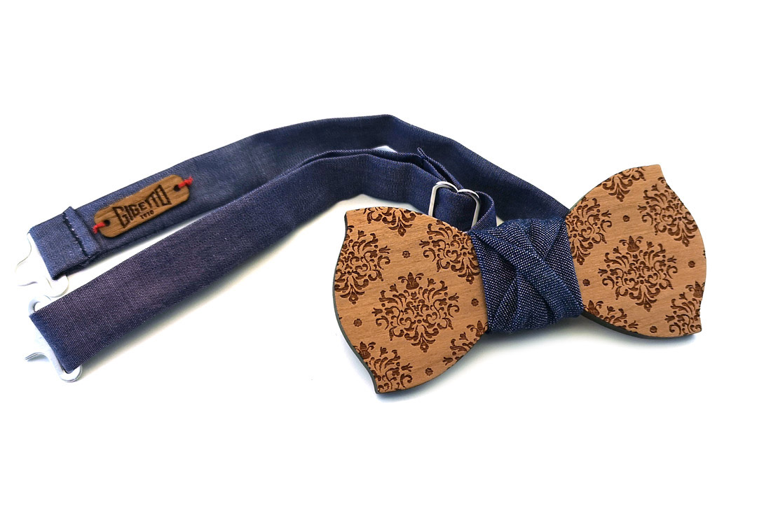 papillon legno Gigetto farfallino ciliegio damascato jeans