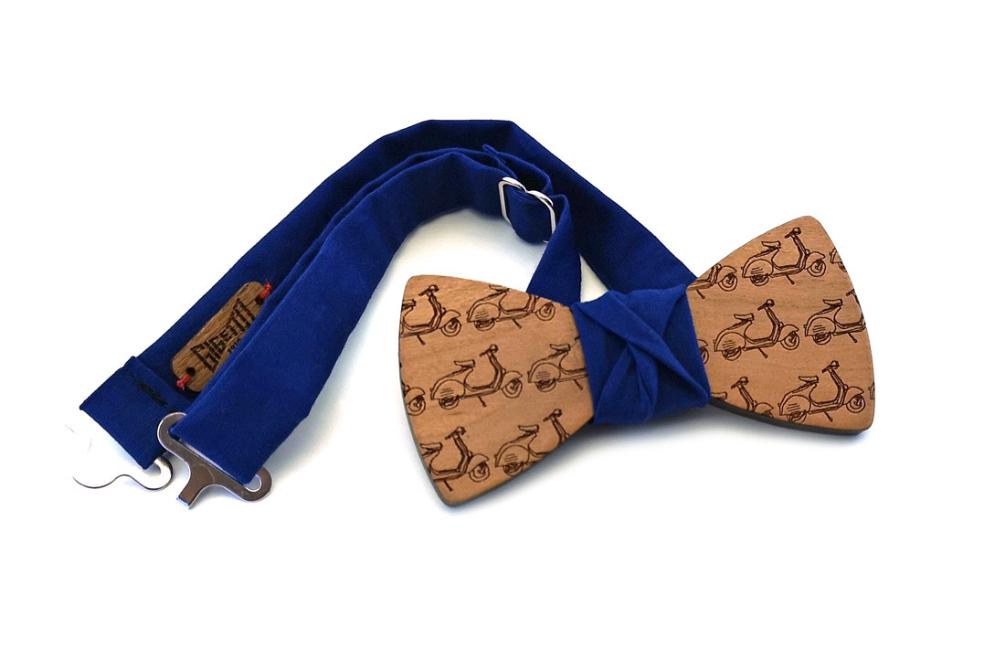 papillon legno Gigetto farfallino ciliegio vespette blu cotone