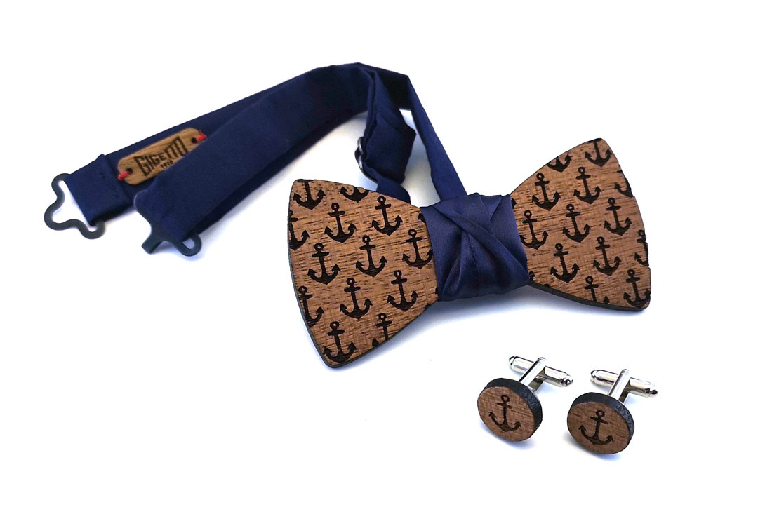 papillon legno Gigetto farfallino mogano ancore raso gemelli fazzoletto