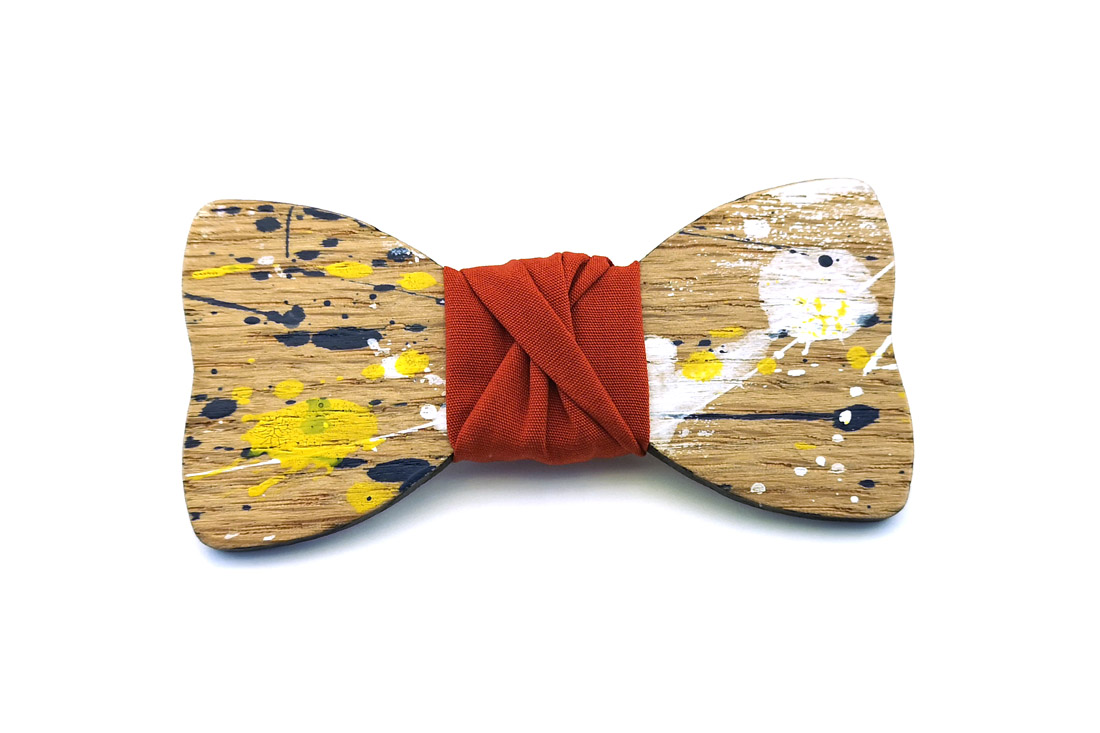 papillon legno Gigetto farfallino schizzi colore giallo bianco blu