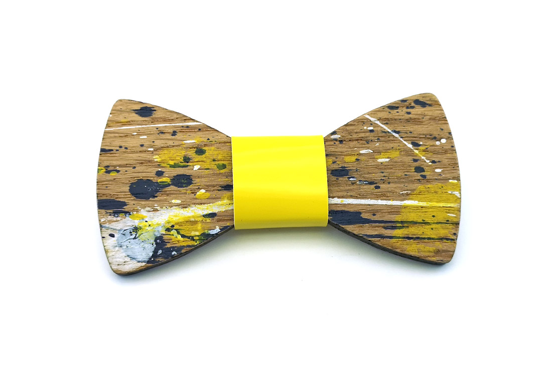 papillon legno Gigetto farfallino schizzi colore giallo bianco blu