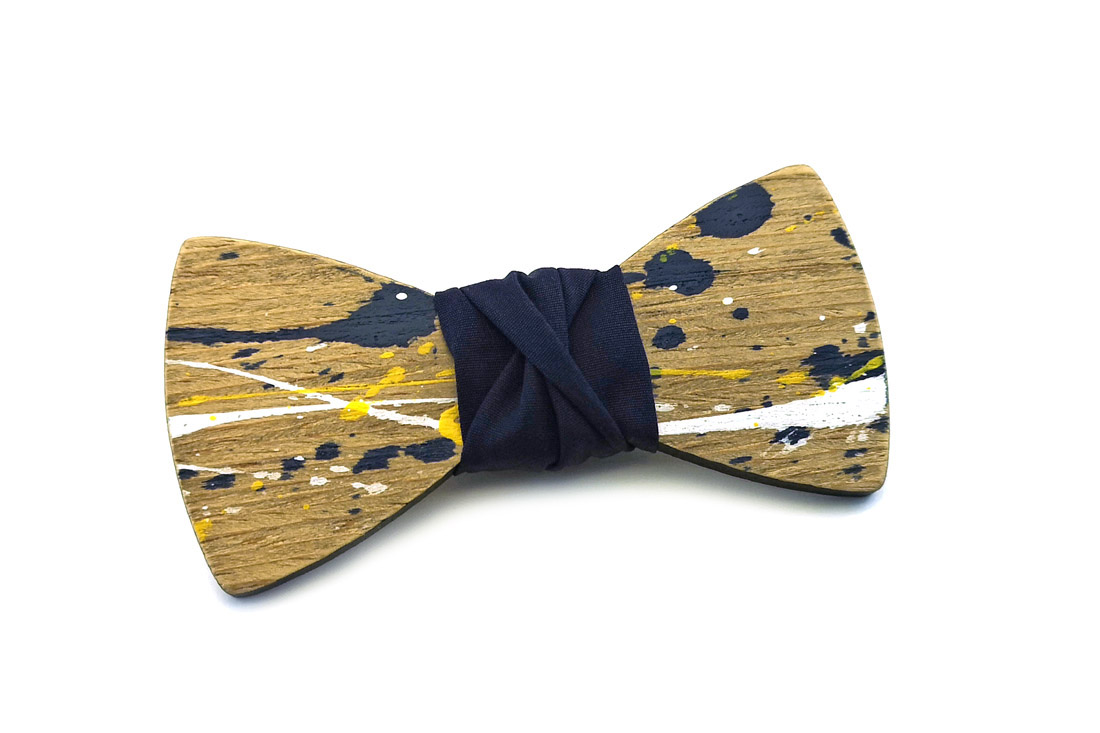 papillon legno Gigetto farfallino schizzi colore giallo bianco blu