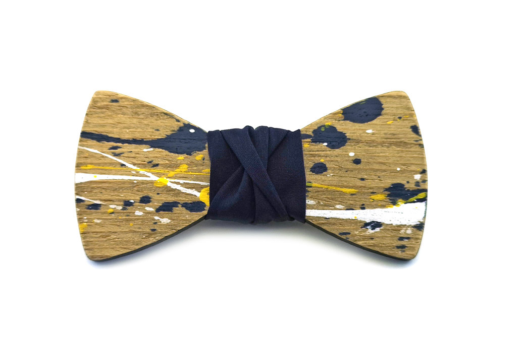 papillon legno Gigetto farfallino schizzi colore giallo bianco blu