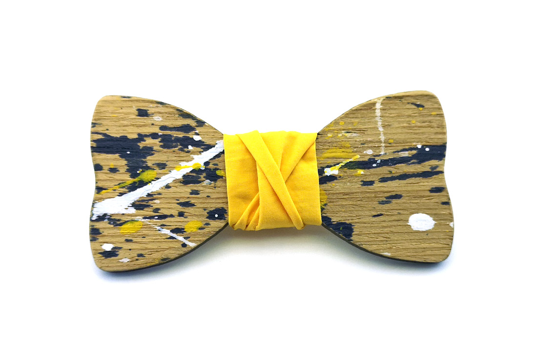 papillon legno Gigetto farfallino schizzi colore giallo bianco blu