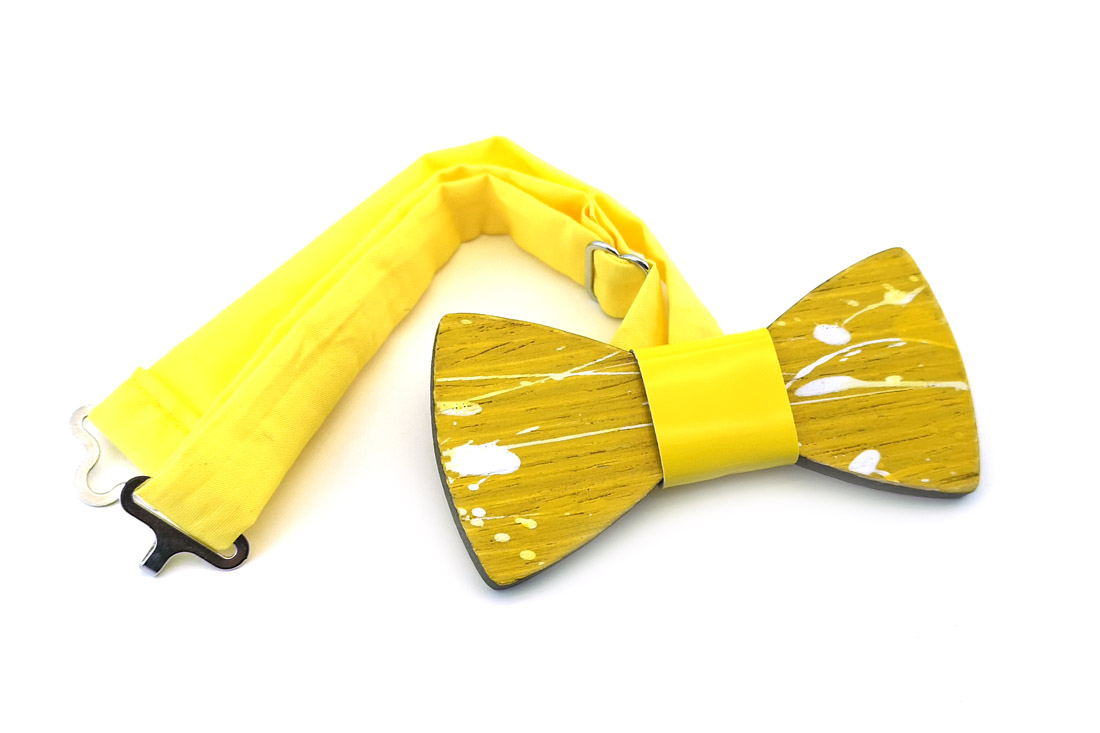 papillon legno Gigetto farfallino schizzi vernice giallo bianco
