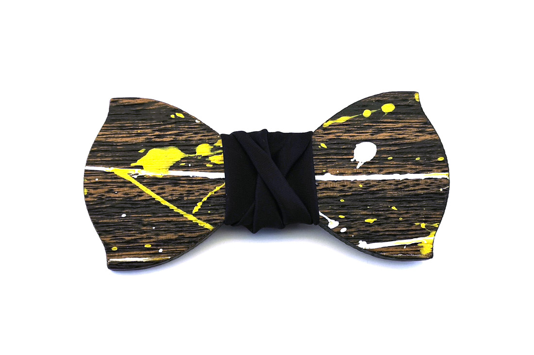papillon legno Gigetto farfallino action painting giallo nero bianco