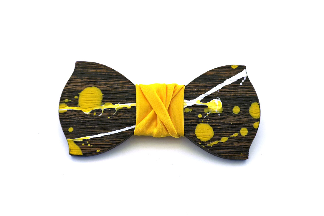 papillon legno Gigetto farfallino action painting giallo nero bianco