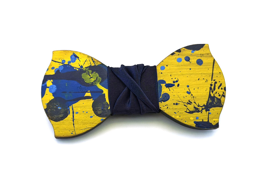 papillon legno Gigetto farfallino schizzi vernice giallo blu