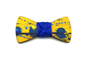 papillon legno Gigetto farfallino schizzi vernice giallo blu