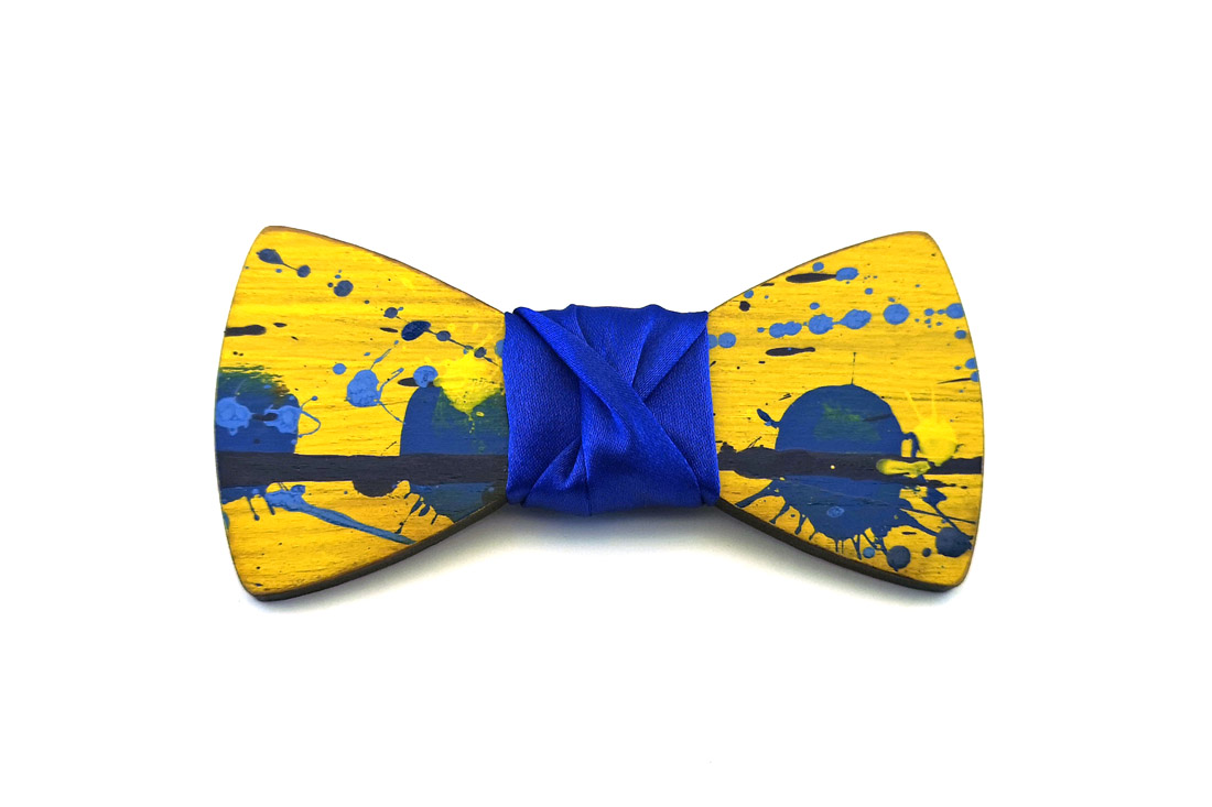papillon legno Gigetto farfallino schizzi vernice giallo blu