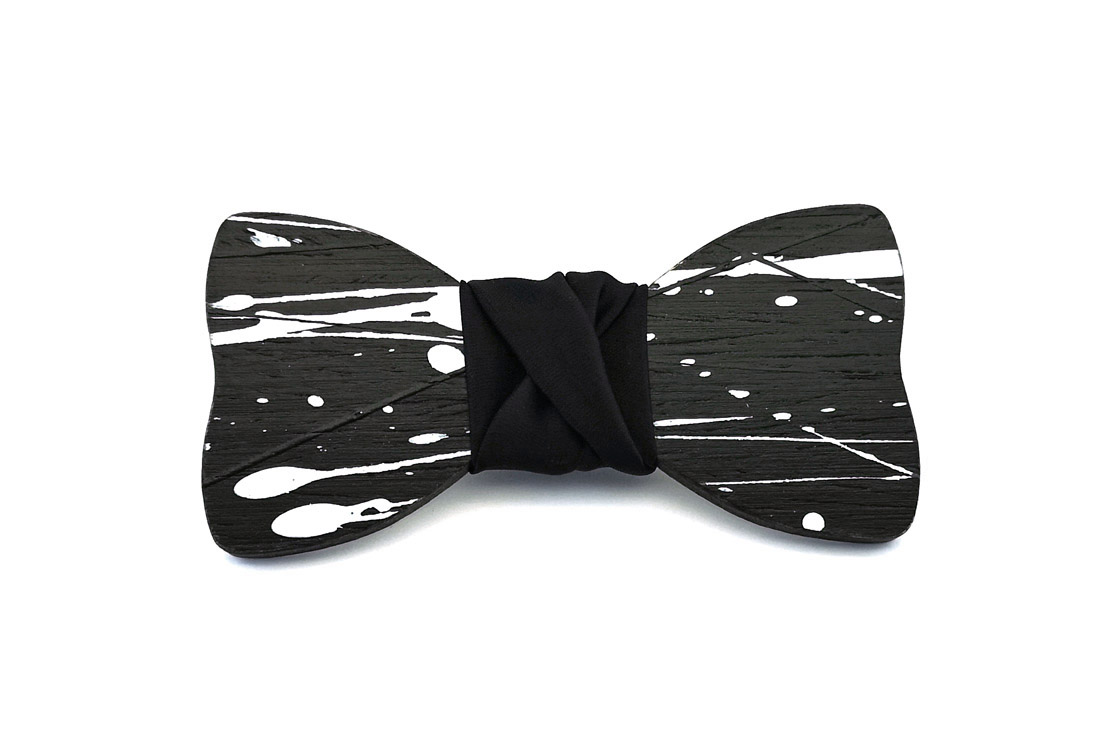papillon legno Gigetto farfallino action painting nero bianco