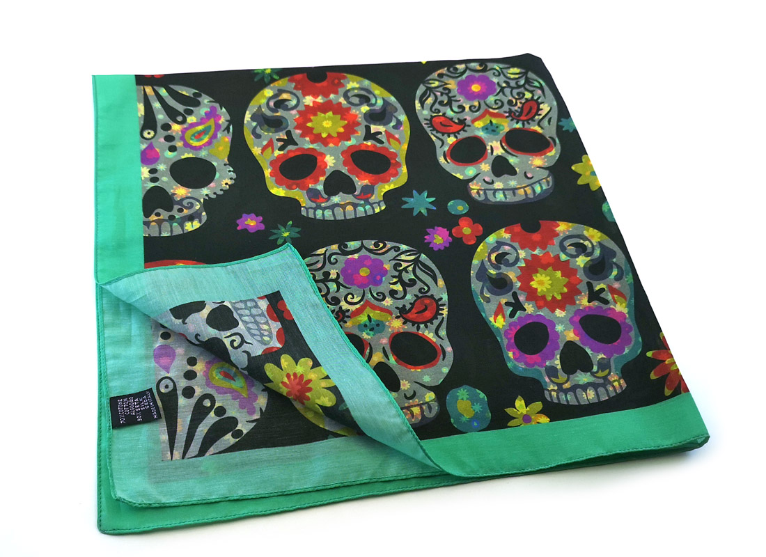 bandana-seta-verde-acqua-skull-teschi-messicani-mexico-fantasia-fiori-Gigetto
