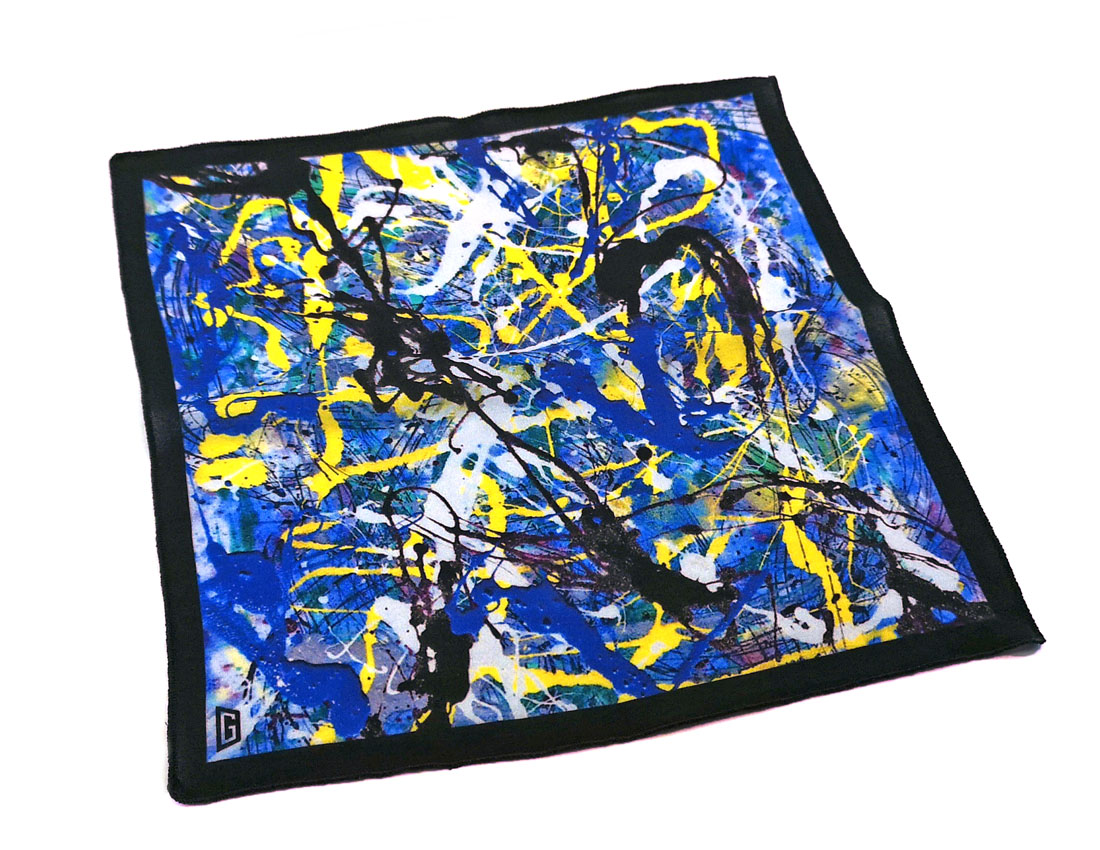 fazzoletto taschino pochette Gigetto action painting blu giallo schizzi vernice