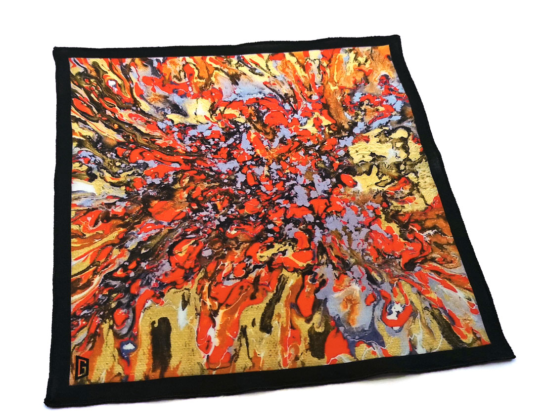 fazzoletto taschino pochette Gigetto action painting rosso giallo schizzi vernice
