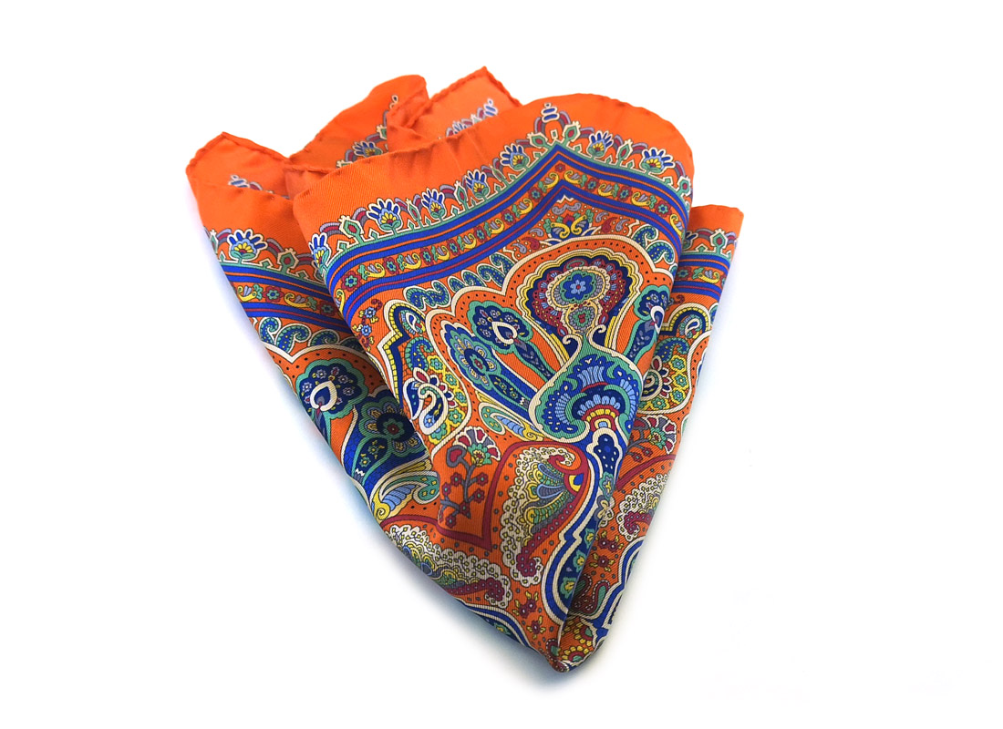 fazzoletto taschino seta pochette fiori paisley arancione blu fantasia Gigetto