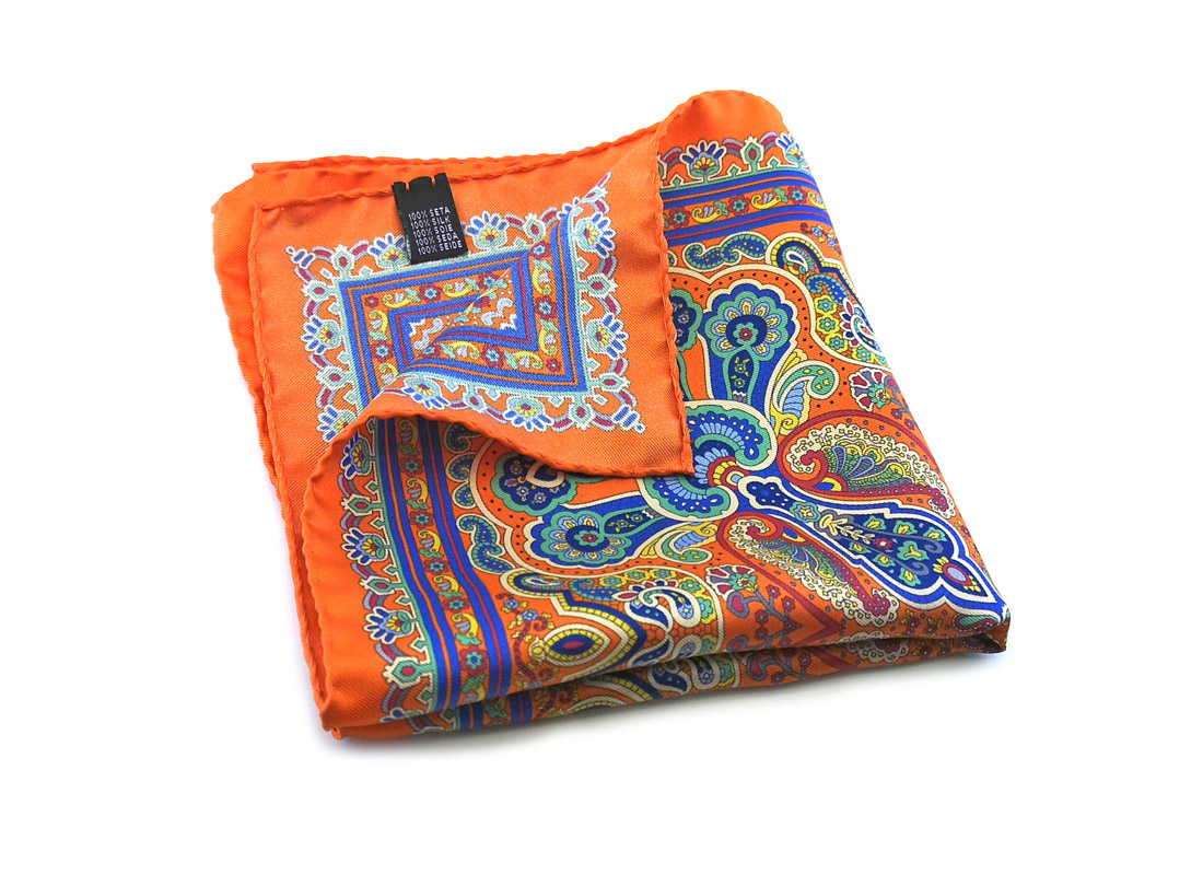 fazzoletto taschino seta pochette fiori paisley arancione blu fantasia Gigetto