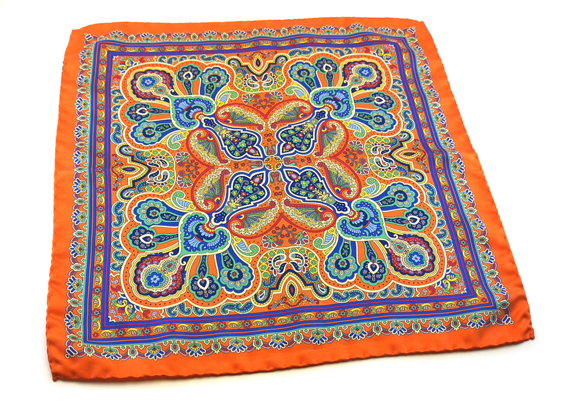 fazzoletto taschino seta pochette fiori paisley arancione blu fantasia Gigetto