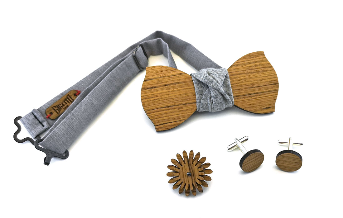 gigetto papillon legno spilla fiore occhiello gemelli striato grigio