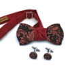 papillon e gemelli in legno wenge con bretelle in stoffa Gigetto floreale barocco rosso e blu personalizzabile