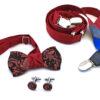 papillon e gemelli in legno wenge con bretelle in stoffa Gigetto floreale barocco rosso e blu personalizzabile