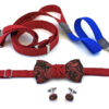 papillon e gemelli in legno wenge con bretelle in stoffa Gigetto floreale barocco rosso e blu personalizzabile