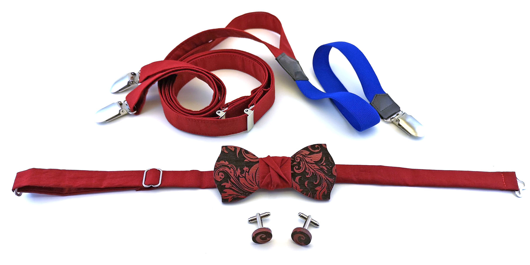 papillon e gemelli in legno wenge con bretelle in stoffa Gigetto floreale barocco rosso e blu personalizzabile