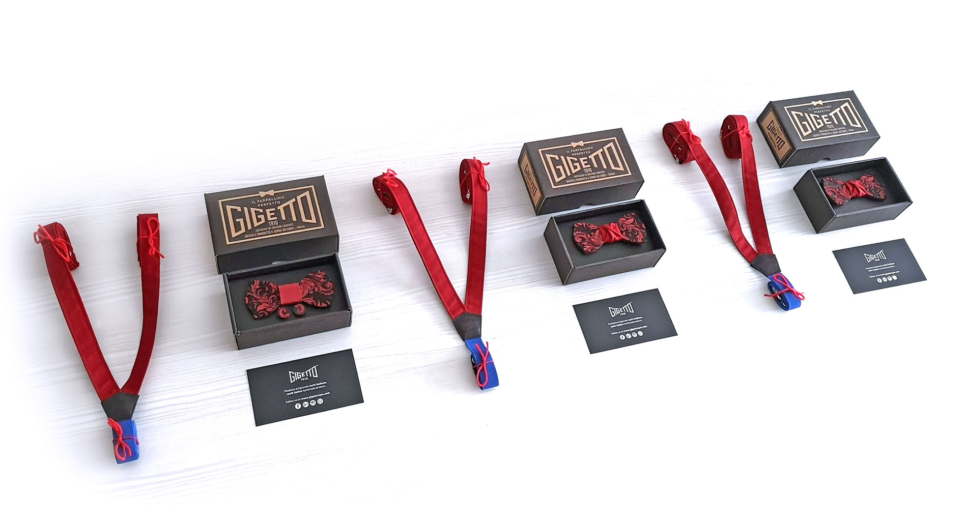 papillon e gemelli in legno wenge con bretelle in stoffa Gigetto floreale barocco rosso e blu personalizzabile