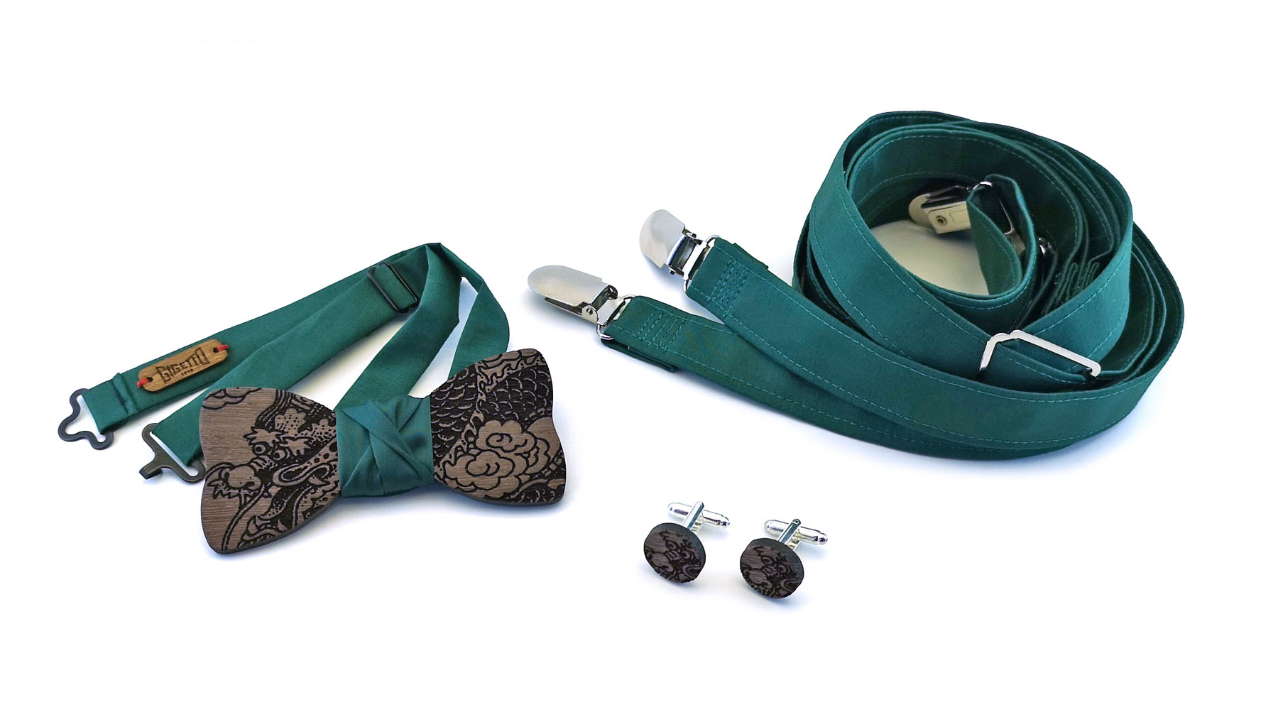 papillon legno bretelle e gemelli Gigetto verde wenge drago cinese