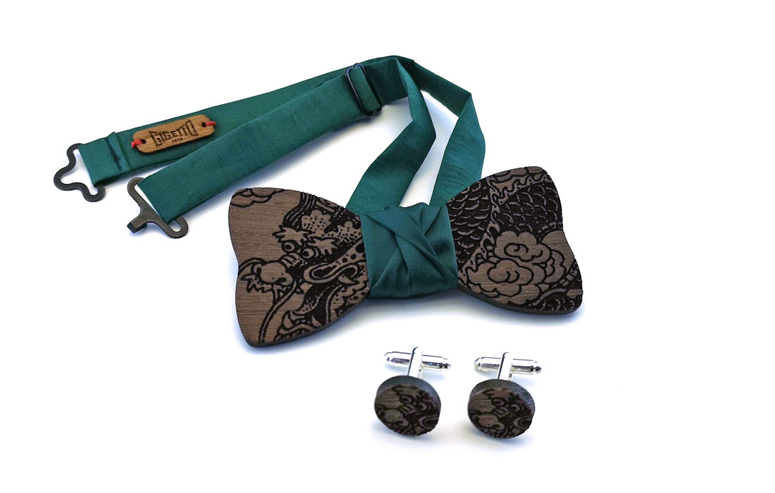 papillon legno bretelle e gemelli Gigetto verde wenge drago cinese