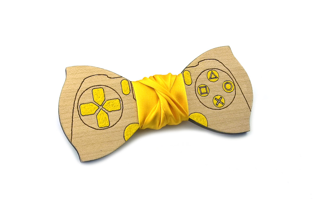 papillon legno gamepad playstation giallo bretelle stoffa Gigetto