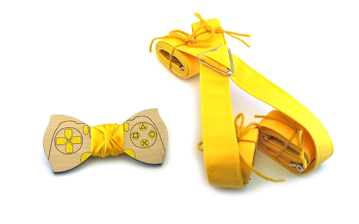 papillon legno gamepad playstation giallo bretelle stoffa Gigetto