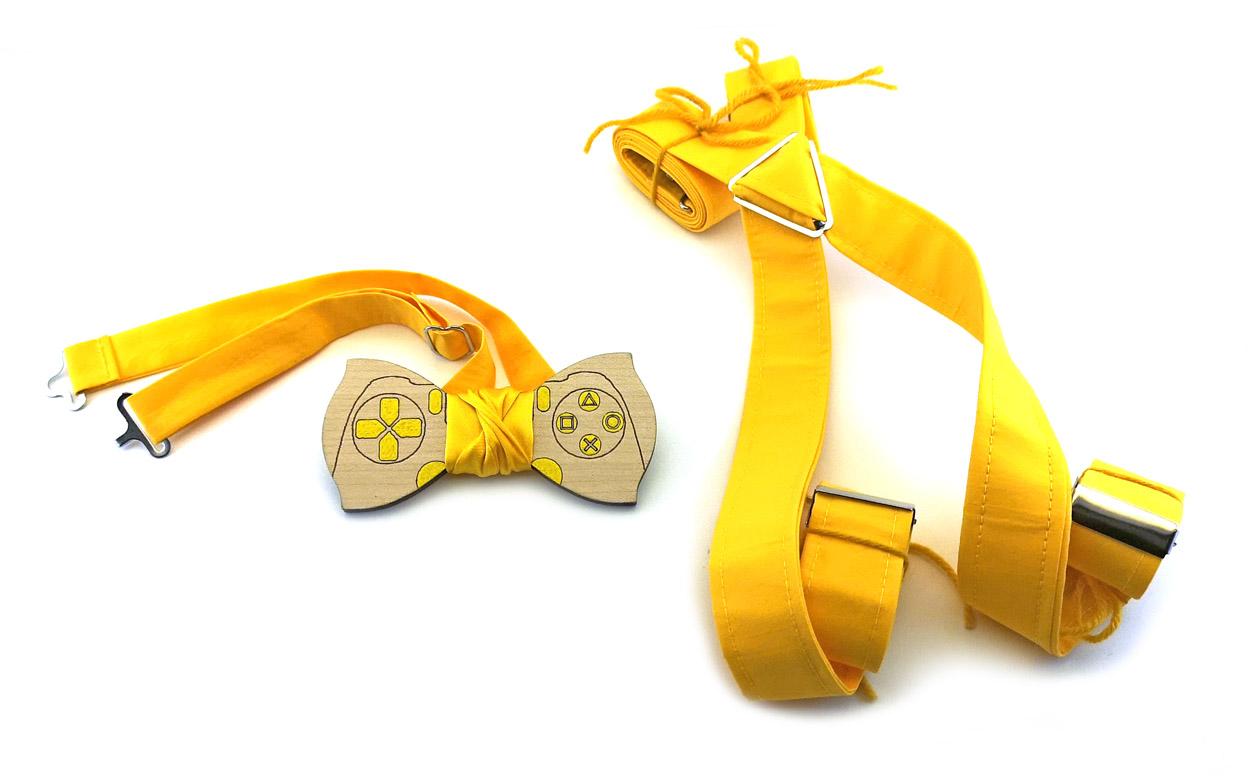 papillon legno gamepad playstation giallo bretelle stoffa Gigetto