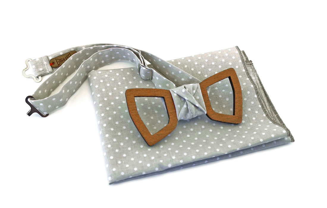 papillon legno mogano bucato fazzoletto taschino beige pois bianchi
